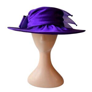 Vintage Purple Wide Brim Hat Satin Bow Mesh Feathers Kentucky Derby Fascinator